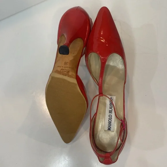 Manolo Blahnik Sexy Red Patent Leather T-Strap Heels to Dance all nite! VGUC 36 - Picture 12 of 15